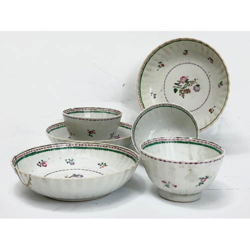 422 - 6 pieces of 18th century English Famille Rose porcelain. 3 tea bowls and saucers