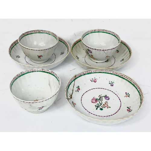 422 - 6 pieces of 18th century English Famille Rose porcelain. 3 tea bowls and saucers