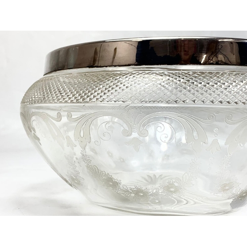 427 - A large Victorian etched glass bowl with silver plated rim. 24.5cm x 12cm