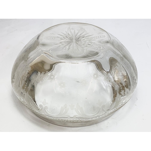 427 - A large Victorian etched glass bowl with silver plated rim. 24.5cm x 12cm