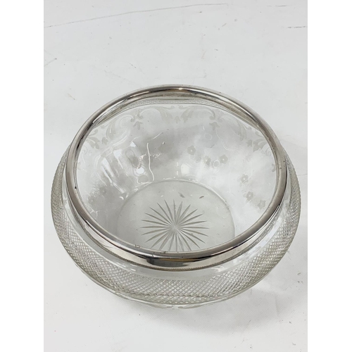 427 - A large Victorian etched glass bowl with silver plated rim. 24.5cm x 12cm