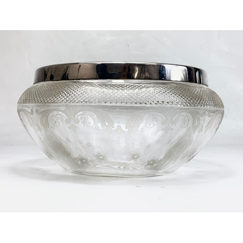 427 - A large Victorian etched glass bowl with silver plated rim. 24.5cm x 12cm