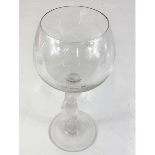 447 - A vintage Bayel Bacchante French crystal wine glass with frosted glass figure stem. 18.5cm