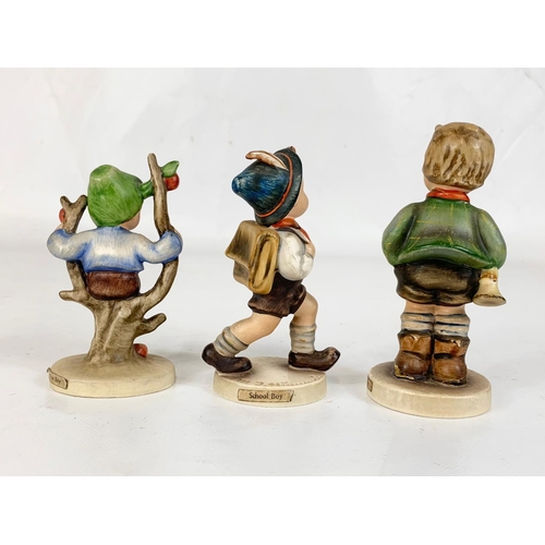 534 - 3 M. J. Hummel Goebel pottery figures. Trumpet Boy (damaged) School Boy and Apple Tree Boy. West Ger... 