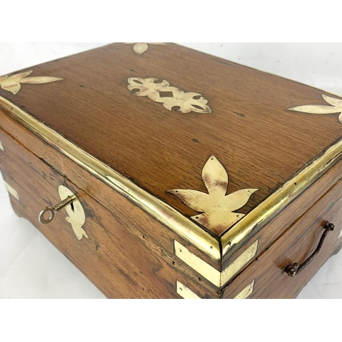 6 - A 19th century Anglo Indian brass bound and teak stationary box, circa 1860. 32.5cm x 26cm x 18cm