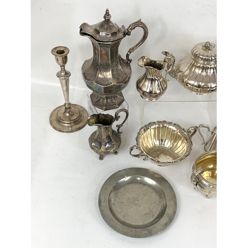 726 - 4 silver plated part tea services. Including a Victorian pewter plate and a Victorian silver plated ... 