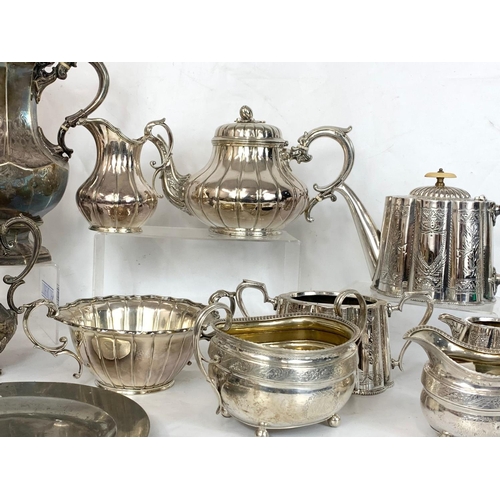 726 - 4 silver plated part tea services. Including a Victorian pewter plate and a Victorian silver plated ... 