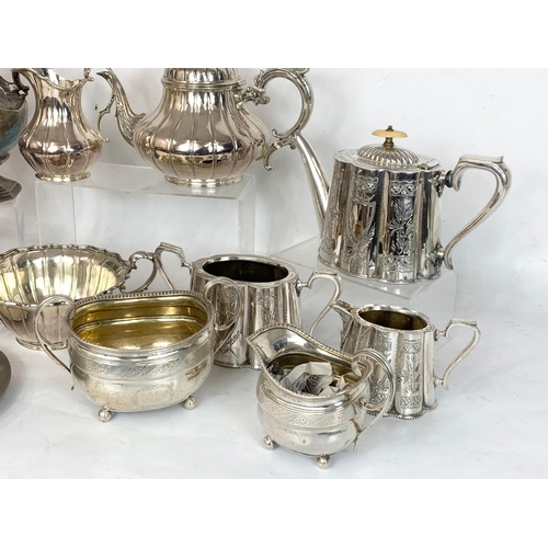 726 - 4 silver plated part tea services. Including a Victorian pewter plate and a Victorian silver plated ... 