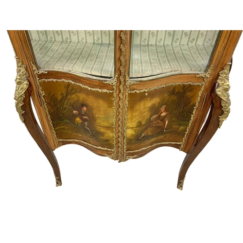 788 - A large early 20th century French vitrine with hand painted panels and brass ormolu mounts. 118 x 43... 