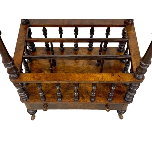 801 - A Victorian Burr Walnut Canterbury with brass gallery and drawer. Circa 1870. 60.5 x 40 x 91cm.