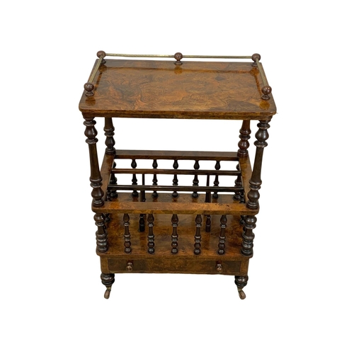 801 - A Victorian Burr Walnut Canterbury with brass gallery and drawer. Circa 1870. 60.5 x 40 x 91cm.