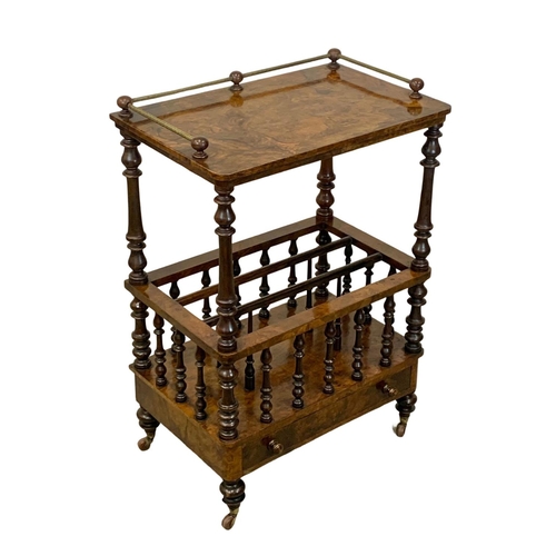 801 - A Victorian Burr Walnut Canterbury with brass gallery and drawer. Circa 1870. 60.5 x 40 x 91cm.