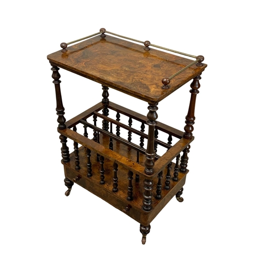 801 - A Victorian Burr Walnut Canterbury with brass gallery and drawer. Circa 1870. 60.5 x 40 x 91cm.