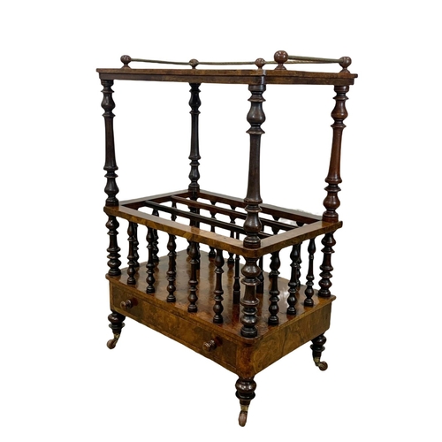 801 - A Victorian Burr Walnut Canterbury with brass gallery and drawer. Circa 1870. 60.5 x 40 x 91cm.