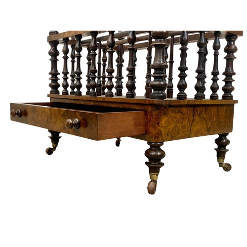 801 - A Victorian Burr Walnut Canterbury with brass gallery and drawer. Circa 1870. 60.5 x 40 x 91cm.