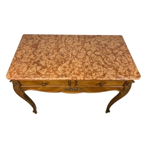 890 - An early 20th century French walnut and fruitwood marble top side table with 2 drawers. Circa 1920-1... 