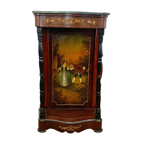 893 - An 18th century style French marble top side cabinet with hand painted panel. Louis XV style. 83 x 3... 