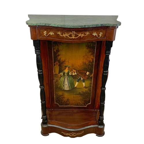 893 - An 18th century style French marble top side cabinet with hand painted panel. Louis XV style. 83 x 3... 