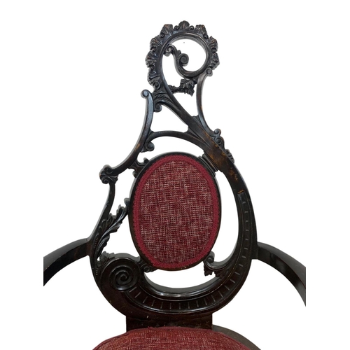 914a - 2 late Victorian ornate mahogany parlour armchairs.