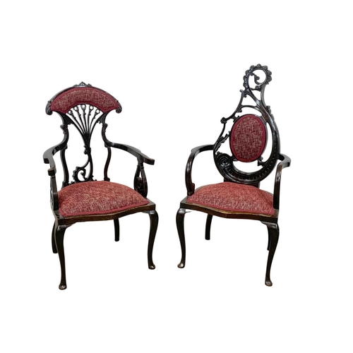 914a - 2 late Victorian ornate mahogany parlour armchairs.