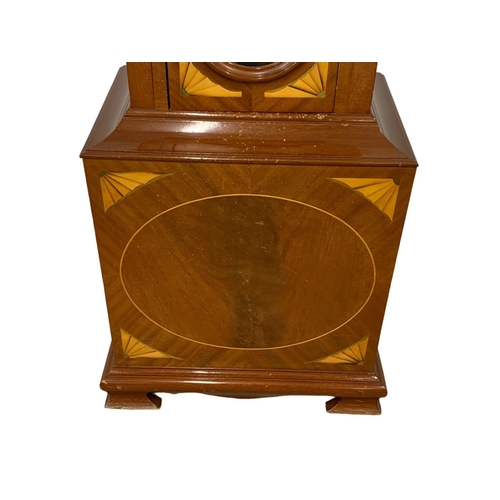 948 - A Georgian style inlaid mahogany king case clock with brass Mondial Face, 3 weights and pendulum. 21... 