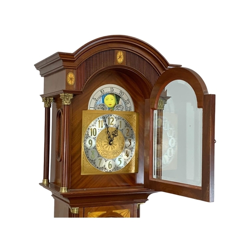 948 - A Georgian style inlaid mahogany king case clock with brass Mondial Face, 3 weights and pendulum. 21... 