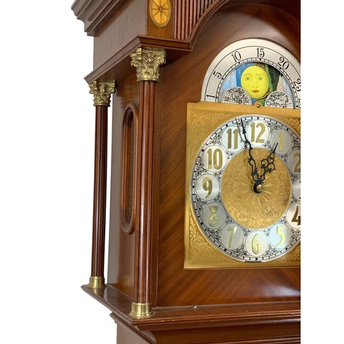 948 - A Georgian style inlaid mahogany king case clock with brass Mondial Face, 3 weights and pendulum. 21... 