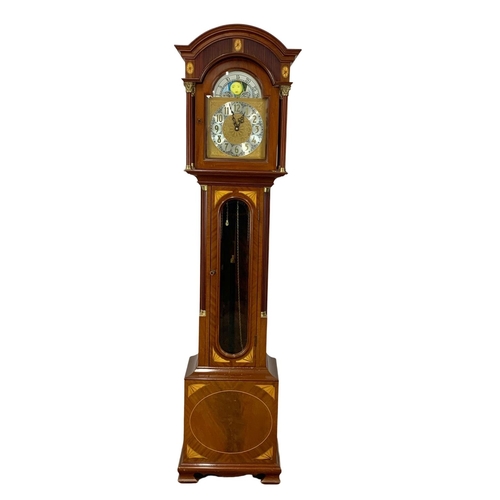 948 - A Georgian style inlaid mahogany king case clock with brass Mondial Face, 3 weights and pendulum. 21... 