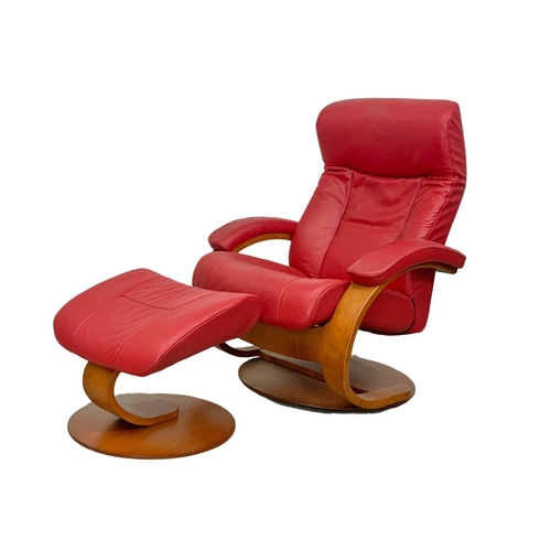 972b - A Norwegian Fjords Trandal leather swivel armchair and stool by Hjellegjerde.