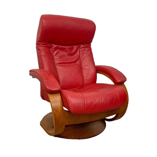 972b - A Norwegian Fjords Trandal leather swivel armchair and stool by Hjellegjerde.