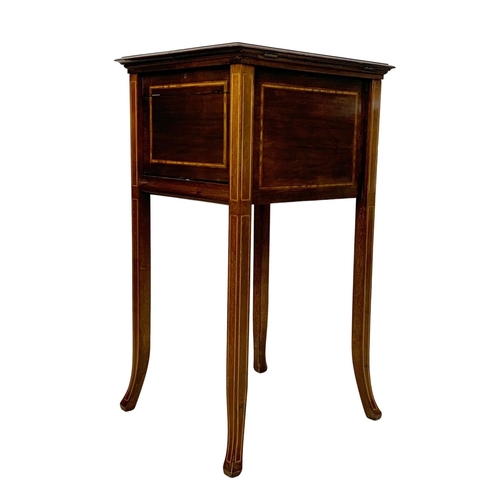 973 - An Edwardian inlaid mahogany smokers cabinet with a Royal Doulton Lambeth humidor. 38 x 43 x 76cm