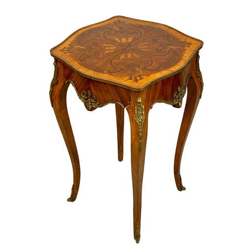 974 - An 18th century style inlaid kingwood side table with drawer and brass ormolu mounts. 49.5 x 50 x 79... 