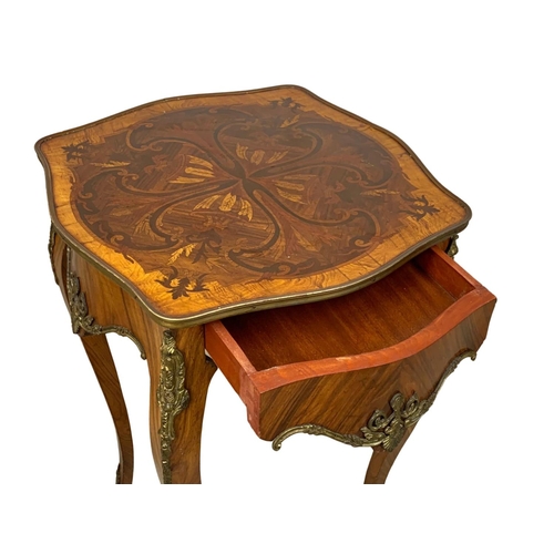 974 - An 18th century style inlaid kingwood side table with drawer and brass ormolu mounts. 49.5 x 50 x 79... 