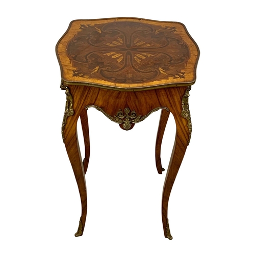 974 - An 18th century style inlaid kingwood side table with drawer and brass ormolu mounts. 49.5 x 50 x 79... 