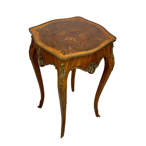 974 - An 18th century style inlaid kingwood side table with drawer and brass ormolu mounts. 49.5 x 50 x 79... 