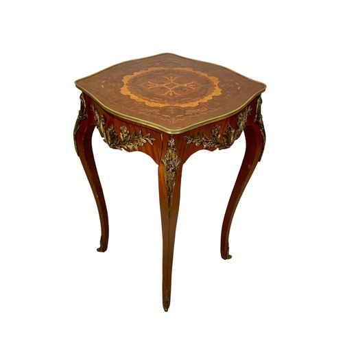 975 - An 18th century style French inlaid side table with drawer and brass ormolu mounts. 52.5 x 52.5 x 81... 