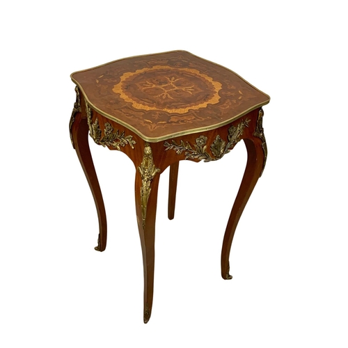 975 - An 18th century style French inlaid side table with drawer and brass ormolu mounts. 52.5 x 52.5 x 81... 