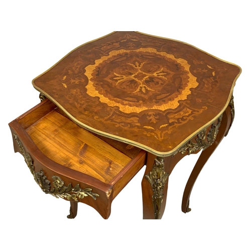 975 - An 18th century style French inlaid side table with drawer and brass ormolu mounts. 52.5 x 52.5 x 81... 