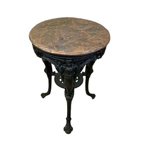 990 - A Victorian style cast iron bar table with copper top. 58.5 x 58.5 x 75.5cm.