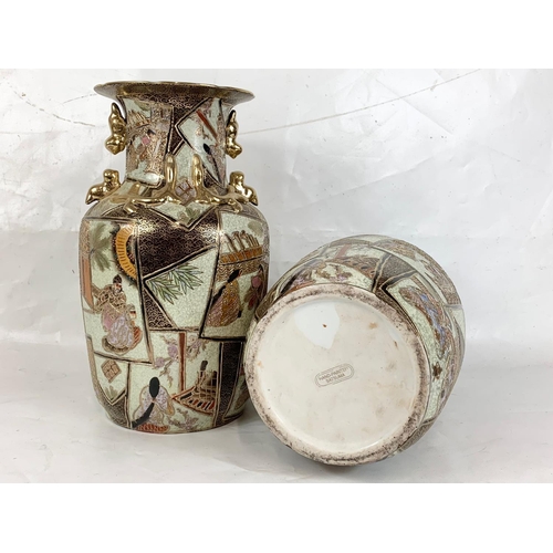 580 - A large pair of reproduction hand painted Satsuma vases, 36cm