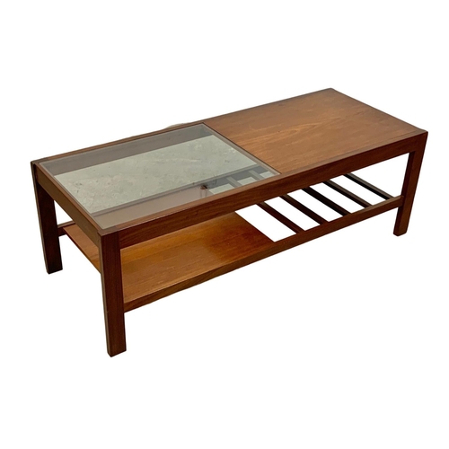 1017 - A teak 2 tier glass top Mid Century. coffee table. 119.5 x 48 x 41cm.