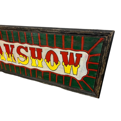 248 - A large vintage wooden Freakshow  carnival sign. 244 x 73cm.