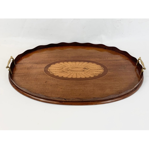 256 - An Edwardian inlaid mahogany serving tray with brass handles 63cm