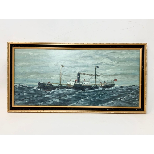 274 - An oil painting by E. Pollock. Orlock Head. Sunk by aircraft. WW2. Painting measures 74 x 34cm.