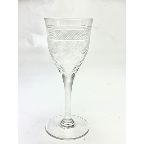 457 - A set of 6 tall vintage etched Sherry glasses. 12.5cm.