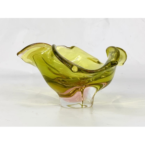 478 - 3 pieces of Art Glass. A green Murano bowl 20.5 x 10.5cm, a blue Art Glass jug 18cm, and an Amber Gl... 