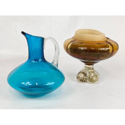 478 - 3 pieces of Art Glass. A green Murano bowl 20.5 x 10.5cm, a blue Art Glass jug 18cm, and an Amber Gl... 