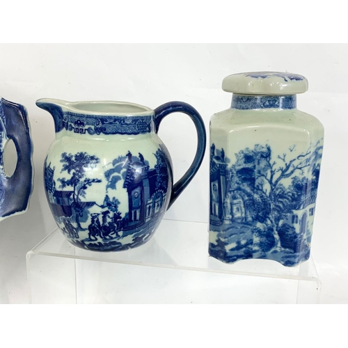 504 - A quantity of Victoria Ware Ironstone blue and white pottery. Teapot measures 24 x 14cm. Platters me... 