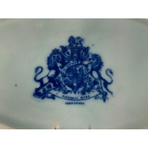 504 - A quantity of Victoria Ware Ironstone blue and white pottery. Teapot measures 24 x 14cm. Platters me... 