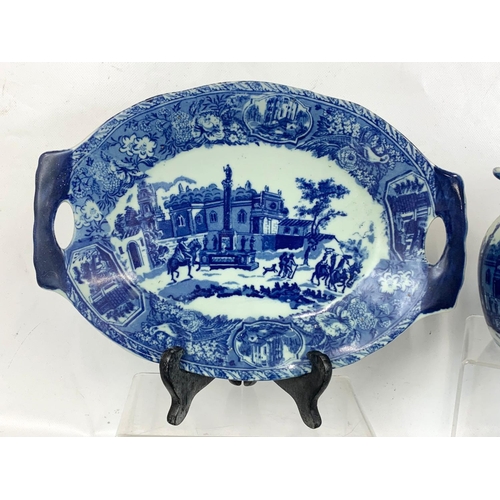 504 - A quantity of Victoria Ware Ironstone blue and white pottery. Teapot measures 24 x 14cm. Platters me... 